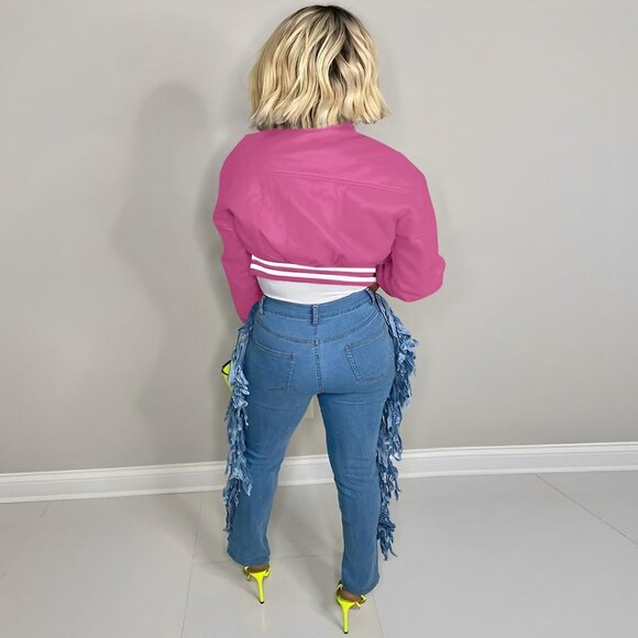 Women's Varsity Jacket Long Sleeve Button Down Bomber Jacket Streetwear Rose Red - Picture 4 of 5